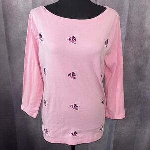 Talbots Women Large Pink Tropical Fish Sequin Top Preppy Coastal Beachy